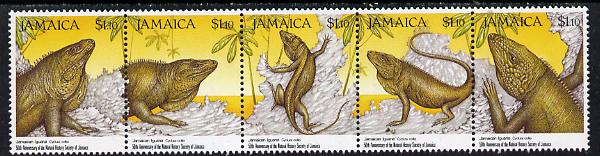 Jamaica 1991 50th Anniversary of Natural History Society (Iguanas) strip of 5 unmounted mint, SG 785a, stamps on reptiles, stamps on iguanas