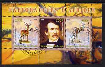 Congo 2008 Explorers of Africa #1 - David Livingstone perf sheetlet containing 3 values cto used, stamps on personalities, stamps on explorers, stamps on animals, stamps on antelope, stamps on scots, stamps on scotland