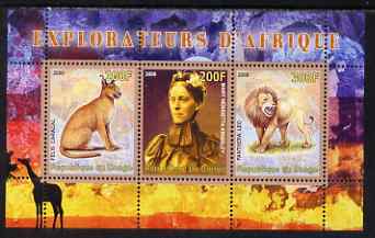 Congo 2008 Explorers of Africa #3 - Mary Henrietta KIngsley perf sheetlet containing 3 values unmounted mint, stamps on personalities, stamps on explorers, stamps on animals, stamps on cats, stamps on lions