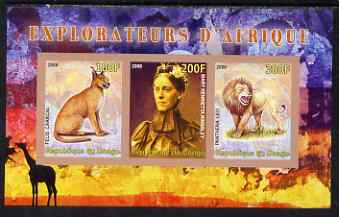 Congo 2008 Explorers of Africa #3 - Mary Henrietta KIngsley imperf sheetlet containing 3 values unmounted mint, stamps on , stamps on  stamps on personalities, stamps on  stamps on explorers, stamps on  stamps on animals, stamps on  stamps on cats, stamps on  stamps on lions