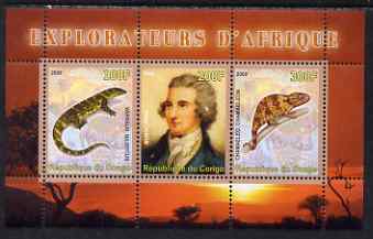 Congo 2008 Explorers of Africa #4 - Mungo Park perf sheetlet containing 3 values unmounted mint, stamps on , stamps on  stamps on personalities, stamps on  stamps on explorers, stamps on  stamps on animals, stamps on  stamps on lizards, stamps on  stamps on chameleons, stamps on  stamps on scots, stamps on  stamps on scotland