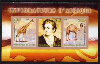 Congo 2008 Explorers of Africa #6 - Richard Lemon Lander imperf sheetlet containing 3 values unmounted mint, stamps on personalities, stamps on explorers, stamps on animals, stamps on giraffes, stamps on camels