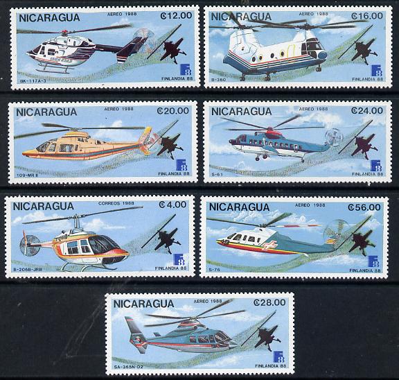 Nicaragua 1988 Finlandia 88 Stamp Exhibition set of 7 Helicopters, unmounted mint SG 2971-77, stamps on aviation      helicopter     stamp exhibitions