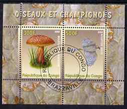 Congo 2008 Birds & Mushrooms #3 perf sheetlet containing 2 values cto used, stamps on birds, stamps on fungi