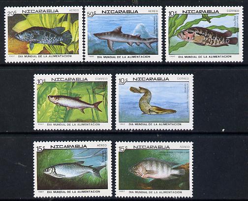 Nicaragua 1987 World Food Day (Fish) set of 7 unmounted mint, SG 2917-23, stamps on fish, stamps on sharks, stamps on marine-life, stamps on food