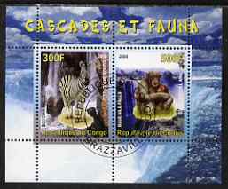 Congo 2008 Waterfalls & Animals (Zebra & Monkey) perf sheetlet containing 2 values cto used, stamps on waterfalls, stamps on animals, stamps on zebras, stamps on apes, stamps on zebra