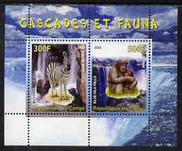 Congo 2008 Waterfalls & Animals (Zebra & Monkey) perf sheetlet containing 2 values unmounted mint, stamps on waterfalls, stamps on animals, stamps on zebras, stamps on apes, stamps on zebra