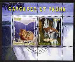 Congo 2008 Waterfalls & Animals (Hippo & Ostrich) perf sheetlet containing 2 values cto used, stamps on waterfalls, stamps on animals, stamps on hippos, stamps on ostriches