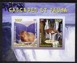 Congo 2008 Waterfalls & Animals (Hippo & Ostrich) imperf sheetlet containing 2 values unmounted mint, stamps on waterfalls, stamps on animals, stamps on hippos, stamps on ostriches