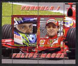 Congo 2008 Formula 1 - Felipe Massa perf sheetlet containing 2 values cto used, stamps on personalities, stamps on sport, stamps on formula 1, stamps on  f1 , stamps on cars, stamps on ferrari