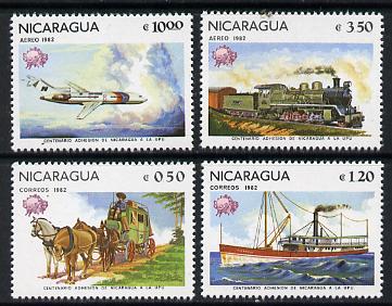 Nicaragua 1982 Universal Postal Union Membership Centenary (Mailcoach, Packet Steamer, Loco & Airliner) set of 4 unmounted mint, SG 2355-58, stamps on aviation, stamps on postal, stamps on railways, stamps on upu, stamps on mail ships, stamps on mail coaches, stamps on  upu , stamps on 