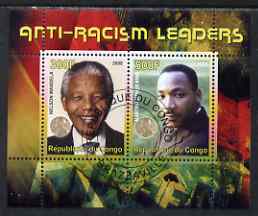 Congo 2008 Nobel Peace Prize Winners - Mandela & Martin Luther King perf sheetlet containing 2 values cto used, stamps on personalities, stamps on nobel, stamps on mandela, stamps on human rights, stamps on racism, stamps on personalities, stamps on mandela, stamps on nobel, stamps on peace, stamps on racism, stamps on human rights