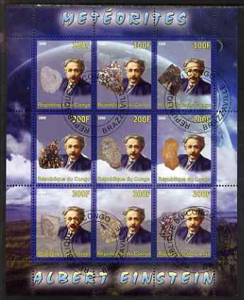 Congo 2008 Albert Einstein & Meteorites perf sheetlet containing 9 values cto used, stamps on personalities, stamps on physics, stamps on einstein, stamps on science, stamps on nobel, stamps on meteors, stamps on minerals, stamps on space, stamps on judaica, stamps on personalities, stamps on einstein, stamps on science, stamps on physics, stamps on nobel, stamps on maths, stamps on space, stamps on judaica, stamps on atomics