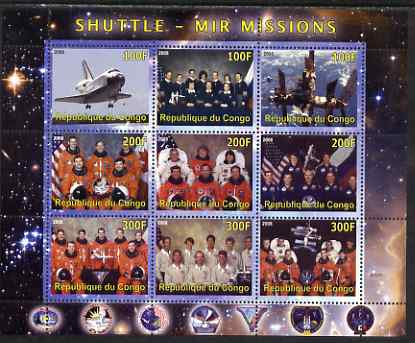 Congo 2008 Shuttle & Mir Space Station perf sheetlet containing 9 values unmounted mint, stamps on personalities, stamps on space, stamps on aviation, stamps on shuttle, stamps on 