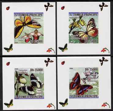 St Thomas & Prince Islands 2008 Orchids & Butterflies set of 4 imperf deluxe sheetlets unmounted mint , stamps on flowers, stamps on orchids, stamps on butterflies