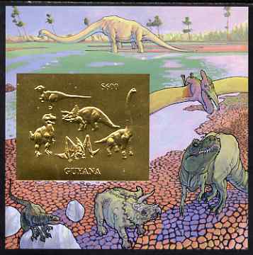 Guyana 1994 Prehistoric Animals #2 - $600 m/sheet with design embossed in gold foil on thin card unmounted mint, stamps on dinosaurs