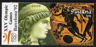 Guyana 1989 Barcelona Olympic Games $10 m/sheet (Running - detail of Black-figure Greek Pot & Statue Head) unmounted mint, stamps on olympics, stamps on running, stamps on pottery, stamps on statue, stamps on ancient greece 