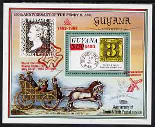 Guyana 1992 Anniversaries (Columbian Stamp Expo & Spacestation Columbus) scarce opt & surch in red $400 on $150 (150th Anniversary of Penny Black and Thurn & Taxis Postal Anniversary - Thurn & Taxis 3 sgr stamp) unmounted mint, stamps on postal, stamps on transport, stamps on stamp exhibitions, stamps on mail coaches, stamps on horses, stamps on stamp on stamp, stamps on stamponstamp, stamps on space