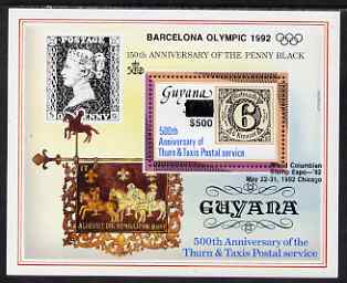 Guyana 1992 Anniversaries (Columbian Stamp Expo & Olympics) opt & surch in black $500 on $150 (150th Anniversary of Penny Black and Thurn & Taxis Postal Anniversary - Thurn & Taxis 6k stamp) unmounted mint, stamps on postal, stamps on transport, stamps on stamp exhibitions, stamps on mail coaches, stamps on horses, stamps on stamp on stamp, stamps on stamponstamp, stamps on olympics