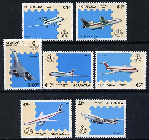 Nicaragua 1986 'Stockholmia 86' Stamp Exhibition set of 7 Aircraft unmounted mint, SG 2783-89*, stamps on aviation, stamps on lockheed, stamps on boeing, stamps on bac, stamps on stamp exhibitions, stamps on concorde