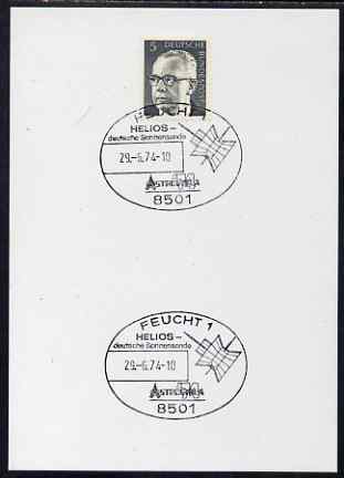 Postmark - West Germany 1974 postcard bearing 5pfg stamp with special cancellation for Helios Solar Probe, stamps on space, stamps on satellites