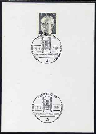 Postmark - West Germany 1974 postcard bearing 5pfg stamp with special cancellation for Philatelic Exhibition showing proofing press, stamps on stamp exhibitions, stamps on printing