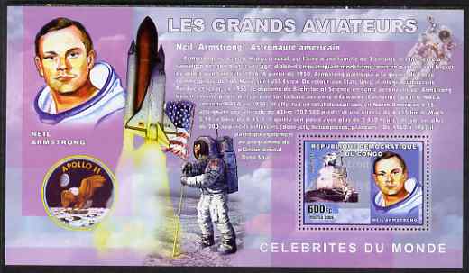 Congo 2006 Great Aviators perf s/sheet containing 1 value (Neil Armstrong & apollo 11) unmounted mint, stamps on space, stamps on armstrong, stamps on apollo, stamps on flags, stamps on birds of prey, stamps on eagle, stamps on shuttle
