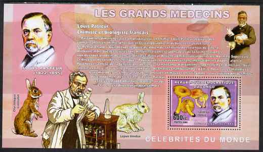 Congo 2006 Medical Celebrities perf s/sheet containing 1 value (Louis Pasteur & mushrooms) unmounted mint, stamps on medical, stamps on personalities, stamps on pasteur, stamps on fungi, stamps on mushrooms, stamps on animals, stamps on rabbits