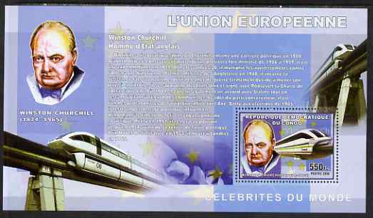 Congo 2006 50th Anniversary of European Union perf s/sheet containing 1 values (Churchill & High Speed Train) unmounted mint, stamps on , stamps on  stamps on personalities, stamps on  stamps on churchill, stamps on  stamps on transport, stamps on  stamps on railways, stamps on  stamps on europa, stamps on  stamps on railways