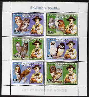 Congo 2006 Lord Baden Powell with Owls perf sheetlet containing 6 values unmounted mint, stamps on personalities, stamps on scouts, stamps on baden powell, stamps on birds of prey, stamps on owls, stamps on birds