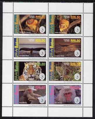 Maldive Islands 1994 Centenary of Sierra Club perf sheetlet containing 8 values unmounted mint SG 2019-26, stamps on animals, stamps on whales, stamps on cats, stamps on tigers, stamps on apes