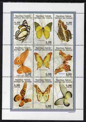 Comoro Islands 1998 Butterflies perf sheetlet containing 9 values unmounted mint , stamps on butterflies