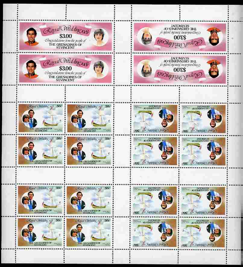 St Vincent - Grenadines 1981 Royal Wedding complete uncut sheet comprising 16 x 50c (Royal Yacht The Mary) in tete-beche blocks plus 4 x $3 (Honeymoon stamp) in 2 tete-beche pairs being the uncut sheet intended for booklet production, SG 202-3var scarce thus, stamps on , stamps on  stamps on royalty, stamps on  stamps on charles, stamps on  stamps on diana, stamps on  stamps on ships