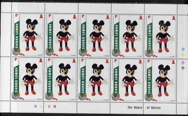 Sierra Leone 1995 Christmas - Disney Toys 5L Mickey Mouse Doll perf sheetlet containing 10 values unmounted mint, as SG 2391, stamps on disney, stamps on films, stamps on cinema, stamps on movies, stamps on cartoons, stamps on toys, stamps on dolls