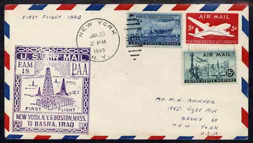 United States 1949 First Flight cover to Basra, Iraq with special FAM 18 cachet showing Oil Derricks, stamps on , stamps on oil , stamps on energy