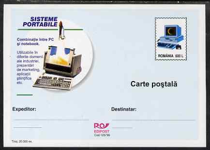 Rumania 1999 600L postal card advertising Portable Computers, unused and fine, stamps on aviation, stamps on shuttle, stamps on space, stamps on computers