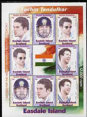 Easdale 2008 Sachin Tendulkar (cricketer) perf sheetlet containing 8 values plus label, unmounted mint, stamps on sport, stamps on personalities, stamps on cricket