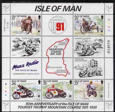Isle of Man 1991 80th Anniversary of TT Mountain Course perf m/sheet unmounted mint SG MS 483, stamps on motorbikes