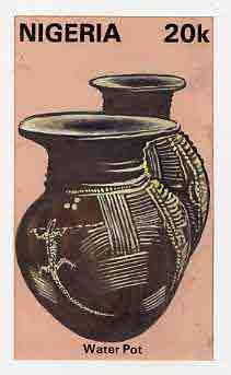 Nigeria 1990 Pottery - original hand-painted artwork for 20k value (Water Pot) by unknown artist on card 5 x 9 endorsed B4 on back, stamps on crafts    pottery