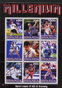 Rwanda 1999 Millennium - Sport Stars of the 20th Century perf sheetlet containing 9 values unmounted mint, stamps on personalities, stamps on entertainments, stamps on millenium, stamps on sport, stamps on football, stamps on golf, stamps on basketball, stamps on tennis, stamps on table tennis, stamps on american football, stamps on baseball
