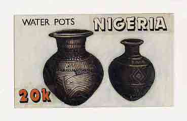 Nigeria 1990 Pottery - original hand-painted artwork for 20k value (Water Pot) by unknown artist on card 9 x 5 endorsed B2 on back, stamps on crafts    pottery