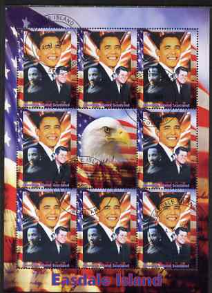 Easdale 2008 Barack Obama perf sheetlet containing 8 values plus label, fine cto used, stamps on personalities, stamps on obama, stamps on flags, stamps on usa presidents, stamps on americana, stamps on eagles, stamps on birds of prey