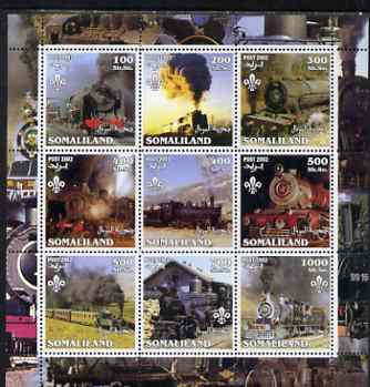 Somaliland 2002 Steam Trains #2 perf sheetlet containing set of 9 values each with Scout Logo unmounted mint, stamps on railways, stamps on scouts