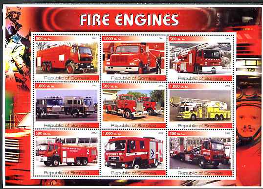 Somalia 2002 Fire Engines #1 perf sheetlet containing set of 9 values unmounted mint, stamps on fire