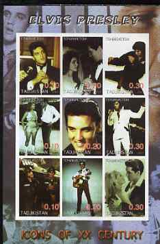 Tadjikistan 2001 Icons of the 20th Century - Elvis Presley imperf sheetlet containing set of 9 values unmounted mint, stamps on personalities, stamps on elvis, stamps on cinema, stamps on entertainments, stamps on music, stamps on pops, stamps on millennium