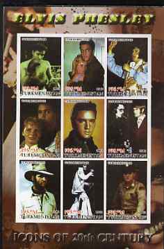 Turkmenistan 2001 Icons of the 20th Century - Elvis Presley imperf sheetlet containing set of 9 values unmounted mint. Note this item is privately produced and is offered..., stamps on personalities, stamps on elvis, stamps on cinema, stamps on entertainments, stamps on music, stamps on pops, stamps on millennium, stamps on boxing