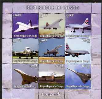 Congo 2004 Concorde perf sheetlet containing set of 9 values unmounted mint. Note this item is privately produced and is offered purely on its thematic appeal, stamps on aviation, stamps on concorde