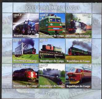 Congo 2004 Trains perf sheetlet containing set of 9 values unmounted mint. Note this item is privately produced and is offered purely on its thematic appeal, stamps on railways
