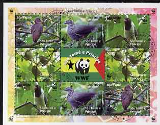 St Thomas & Prince Islands 2005 WWF - Local Bird Species perf sheetlet containing 2 sets of 4 plus label fine cto used, stamps on birds, stamps on  wwf , stamps on pigeons, stamps on orioles