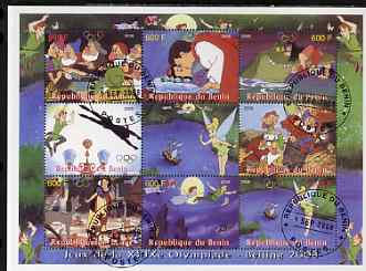 Benin 2008 Beijing Olympics - Disneys Snow White, Peter Pan etc perf sheetlet containing 8 values plus label fine cto used, stamps on olympics, stamps on disney, stamps on , stamps on scots, stamps on scotland